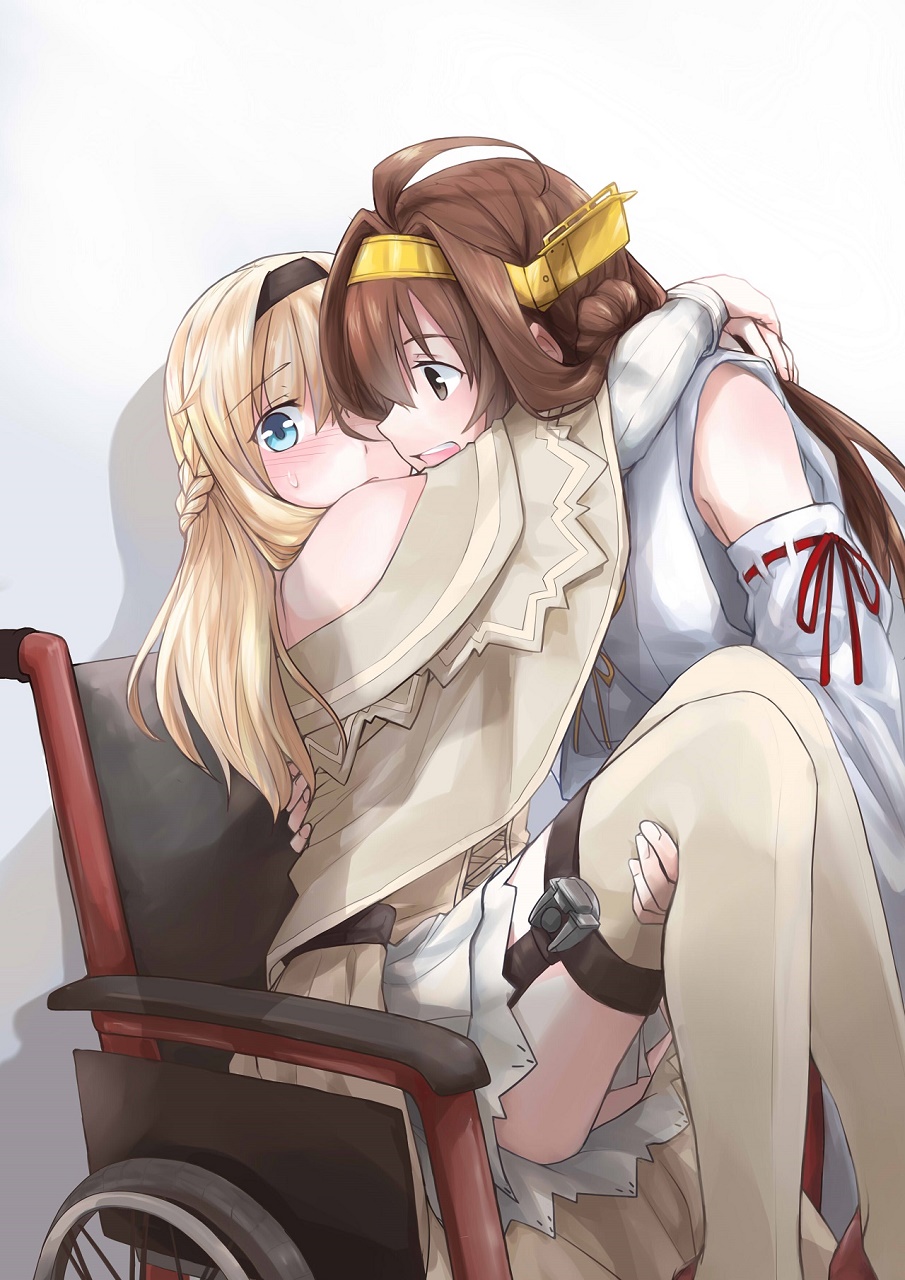 2girls ahoge arms_behind_head bare_shoulders blonde_hair blue_eyes blush braid brown_eyes brown_hair capelet carrying detached_sleeves double_bun dress flying_sweatdrops french_braid garter_straps hairband headgear highres japanese_clothes kantai_collection kongou_(kantai_collection) long_hair long_sleeves multiple_girls nontraditional_miko off_shoulder pin.s princess_carry remodel_(kantai_collection) ribbon-trimmed_sleeves ribbon_trim thigh-highs warspite_(kantai_collection) wheelchair white_legwear