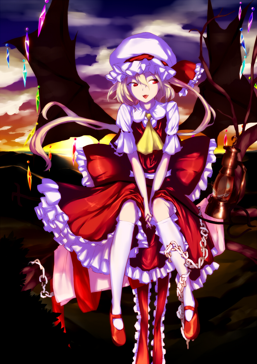 1girl :d ascot black_wings blonde_hair chain clouds cloudy_sky commentary_request crystal dress embellished_costume evening fangs flandre_scarlet frills full_body hat hat_ribbon highres in_tree kneehighs looking_away mary_janes mob_cap open_mouth outdoors puffy_short_sleeves puffy_sleeves red_dress red_eyes red_ribbon red_shoes ribbon sakushou sash shoes short_sleeves side_ponytail sitting sitting_in_tree skirt skirt_set sky smile solo sunset touhou tree v_arms white_legwear wings