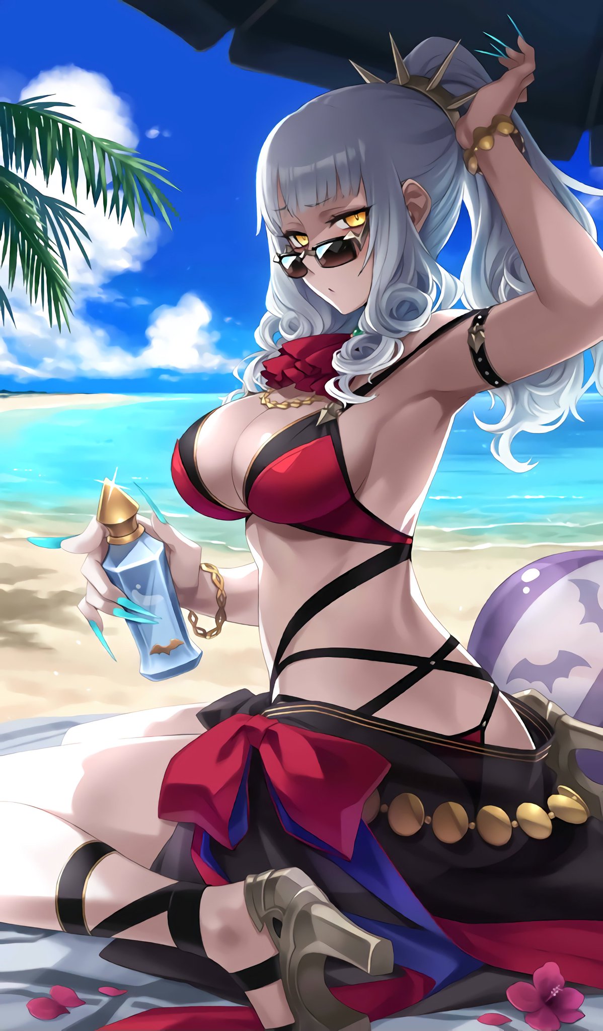 1girl ass beach bikini bottle bracelet breasts carmilla_(fate/grand_order) cleavage clouds fate/grand_order fate_(series) from_behind grey_hair high_heels highres hiroki_saito jewelry large_breasts looking_back ocean seiza sitting solo summertime_mistress_(fate/grand_order) sunglasses swimsuit volleyball yellow_eyes
