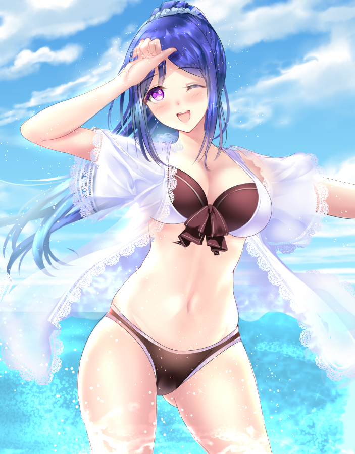 big_breasts bikini blue_hair blush long_hair love_live!_sunshine!! matsuura_kanan ponytail purple_eyes smile water wink