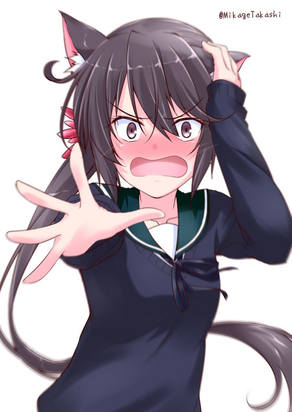 1girl ahoge akebono_(kantai_collection) alternate_costume animal_ears blush cat_ears embarrassed eyebrows eyebrows_visible_through_hair flower hair_between_eyes hair_flower hair_ornament hand_in_hair kantai_collection kemonomimi_mode long_hair looking_at_viewer mikage_takashi mouth open_mouth purple_hair reaching_out side_ponytail simple_background solo twitter_username violet_eyes white_background