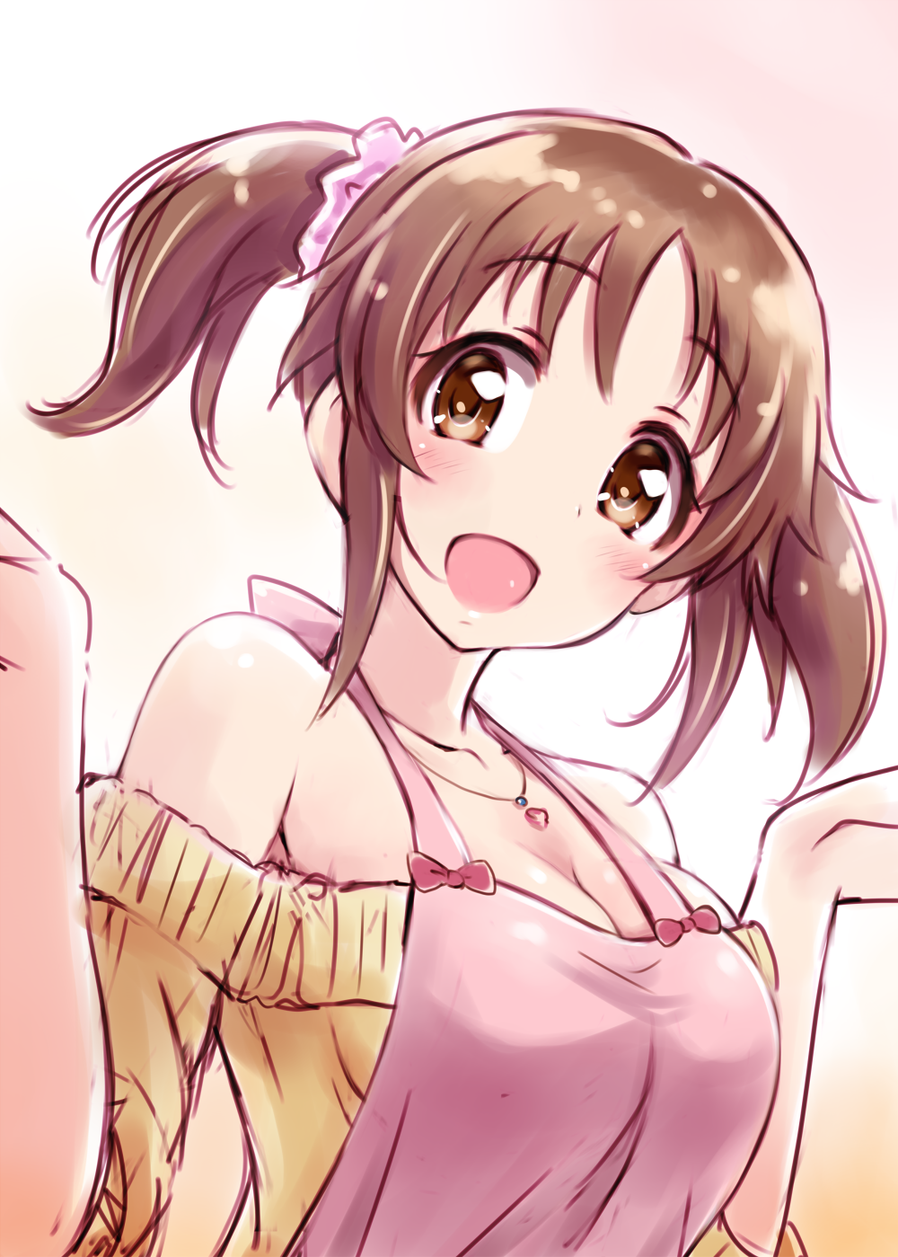1girl :d apron bare_shoulders blush breasts brown_eyes brown_hair cleavage collarbone hair_ornament highres idolmaster idolmaster_cinderella_girls jewelry large_breasts looking_at_viewer open_mouth satogo smile solo totoki_airi twintails