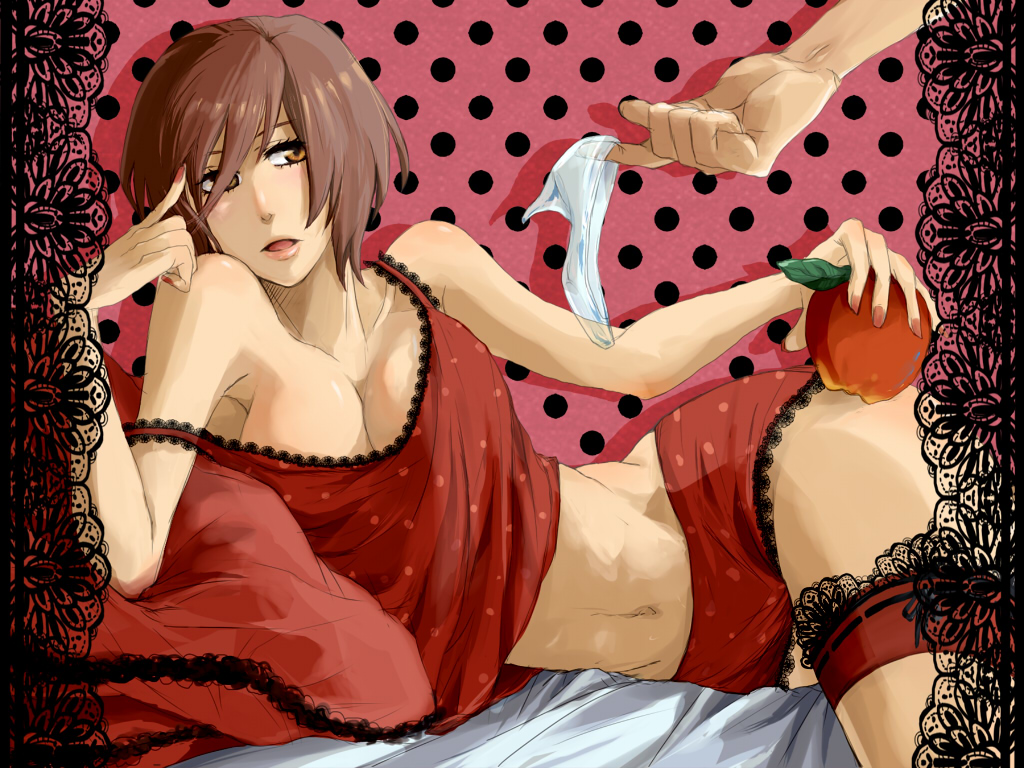 boyshorts breasts brown_eyes brown_hair camisole cleavage food fruit gsn lingerie lying meiko nail_polish on_side pillow romeo_and_cinderella_(vocaloid) romeo_to_cinderella_(vocaloid) shoes short_hair solo underwear vocaloid