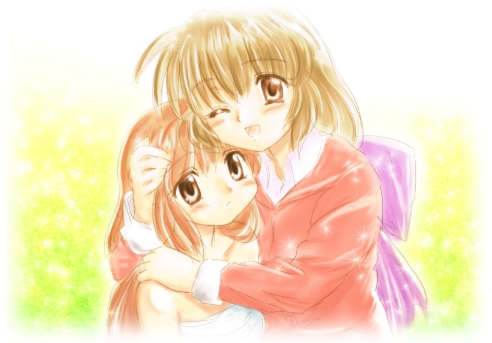 brown_eyes brown_hair chunpai clannad girl_from_the_illusionary_world hug ibuki_fuuko long_hair multiple_girls wink