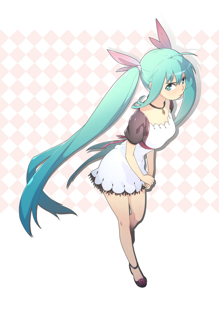 :&gt; :&lt; ahoge angry aqua_eyes aqua_hair argyle btoor dress flower hair_ribbon hatsune_miku jewelry long_hair necklace pout ribbon rose shoes solo twintails very_long_hair vocaloid world_is_mine_(vocaloid)