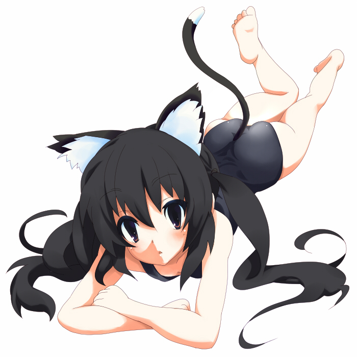 ass barefoot black_hair cat_ears cat_eyes cat_tail feet k-on! long_hair nakano_azusa on_stomach one-piece_swimsuit red_eyes school_swimsuit solo sora_to_umi swimsuit tail twintails