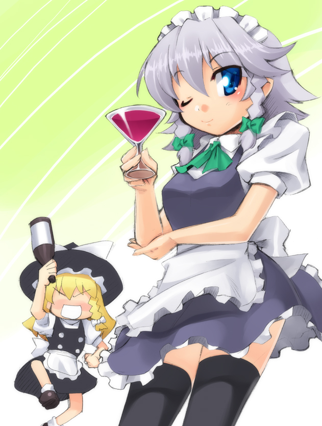 blonde_hair blue_eyes bottle braid hairband hat izayoi_sakuya kanno kirisame_marisa multiple_girls short_hair silver_hair touhou twin_braids wine witch_hat