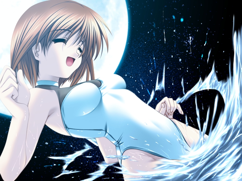 ^_^ brown_hair casual_one-piece_swimsuit closed_eyes dutch_angle game_cg highleg highleg_swimsuit impossible_clothes moon night night_sky one-piece one-piece_swimsuit open_mouth senomoto_hisashi seto_konatsu short_hair sky smile solo splash swimsuit turtleneck tutorial_summer wading water white_swimsuit