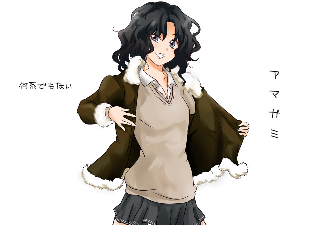 1girl amagami black_hair jacket messy_hair open_collar pleated_skirt sakayama_shinta school_uniform skirt solo sweater tanamachi_kaoru