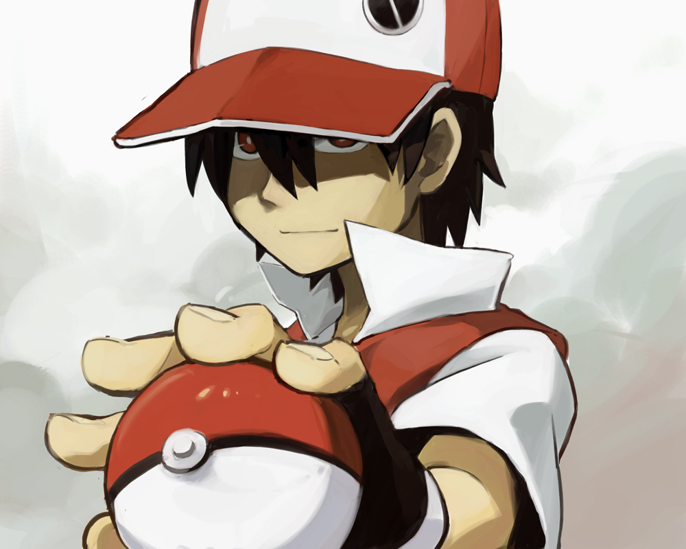 baseball_cap black_hair epic fingerless_gloves foreshortening gloves hands hat holding holding_poke_ball looking_at_viewer male poke_ball pokemon pokemon_(game) poppo16 red_(pokemon) red_eyes solo