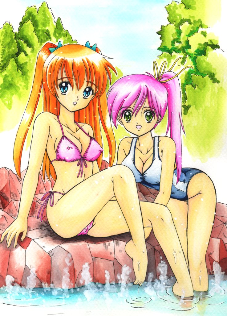 barefoot bikini blue_eyes breasts cleavage erect_nipples leaning_forward long_hair multiple_girls nagano_shinya one-piece one-piece_swimsuit onsen orange_hair original pink_hair ponytail rock rocks steam swimsuit twintails