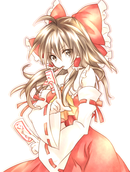 armpits bad_id bare_shoulders bow brown_eyes brown_hair detached_sleeves fighting_stance hair_bow hakurei_reimu japanese_clothes large_bow long_hair miko mouth_hold ofuda ribbon riichu serious simple_background solo touhou