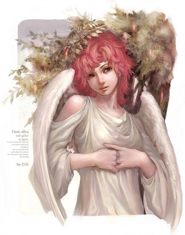 angel_wings bare_shoulders brown_eyes dong-hwan_go pink_hair realistic red_hair redhead wings