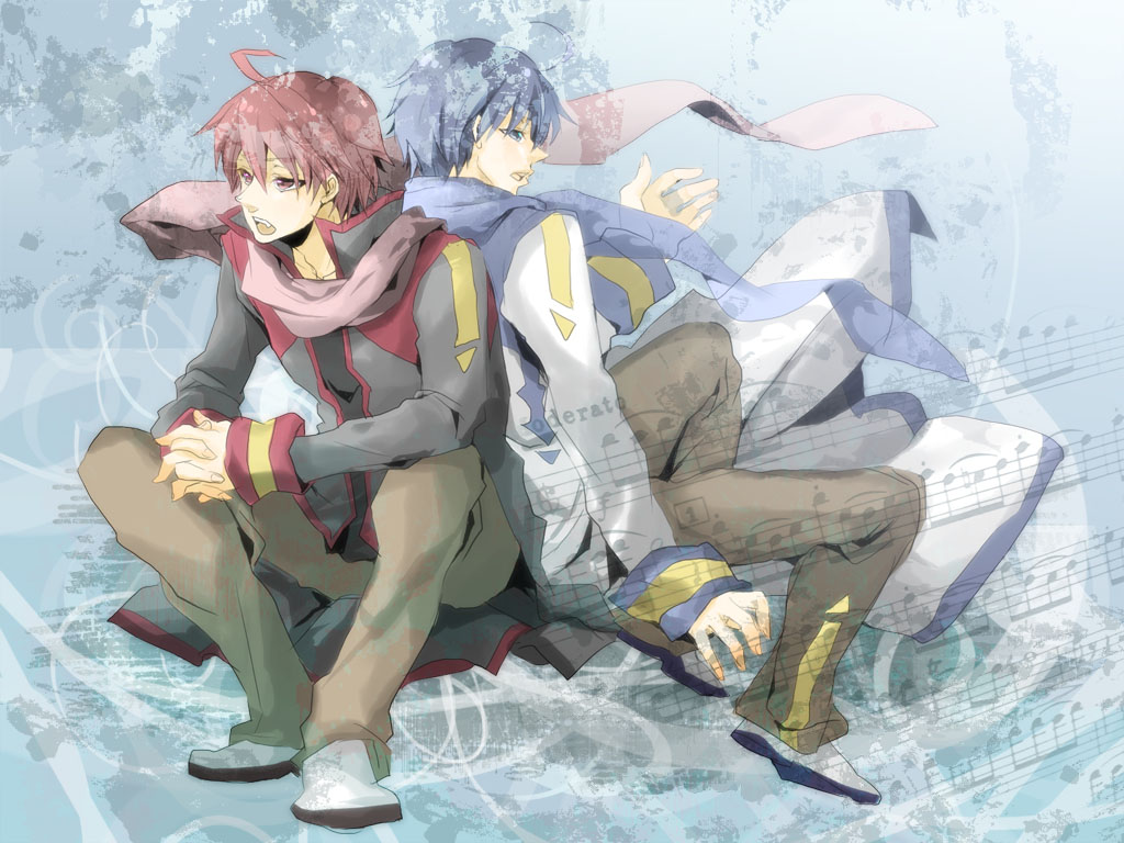akaito back-to-back back_to_back bad_id blue_eyes blue_hair fang kaito konako male red_eyes red_hair redhead scarf sheet_music sitting vocaloid
