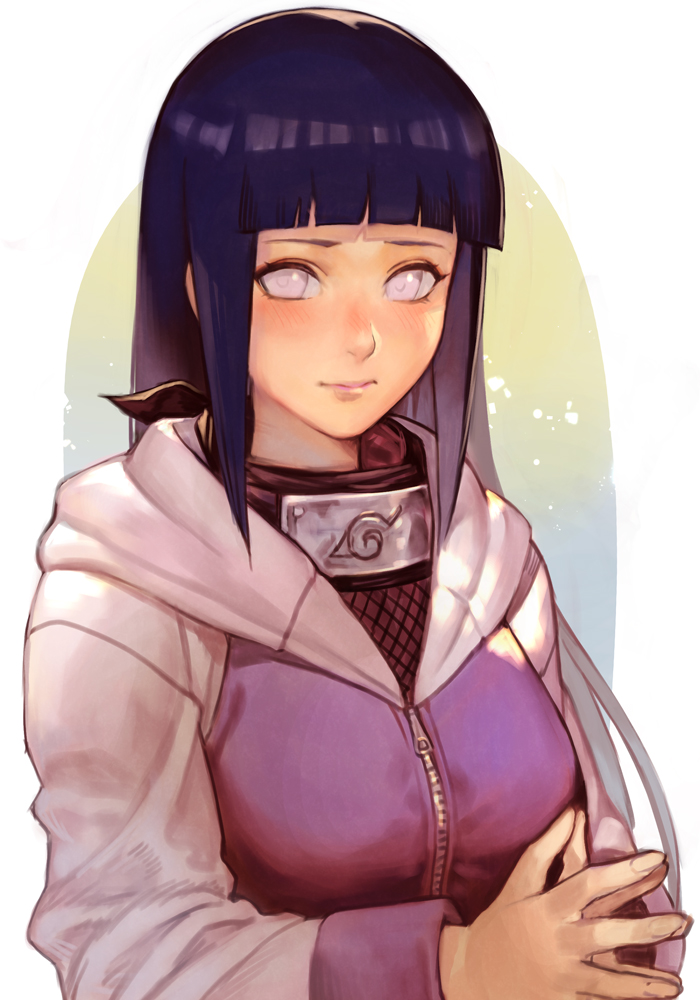 1girl bangs black_hair blunt_bangs blush breasts closed_mouth female fingernails fishnets forehead_protector grey_eyes hankuri hime_cut hood hood_down hooded_jacket hyuuga_hinata jacket konohagakure_symbol large_breasts lips long_hair long_sleeves looking_at_viewer naruto naruto_(series) naruto_shippuuden no_pupils own_hands_together pink_lips purple_jacket sidelocks solo straight_hair upper_body white_sleeves zipper