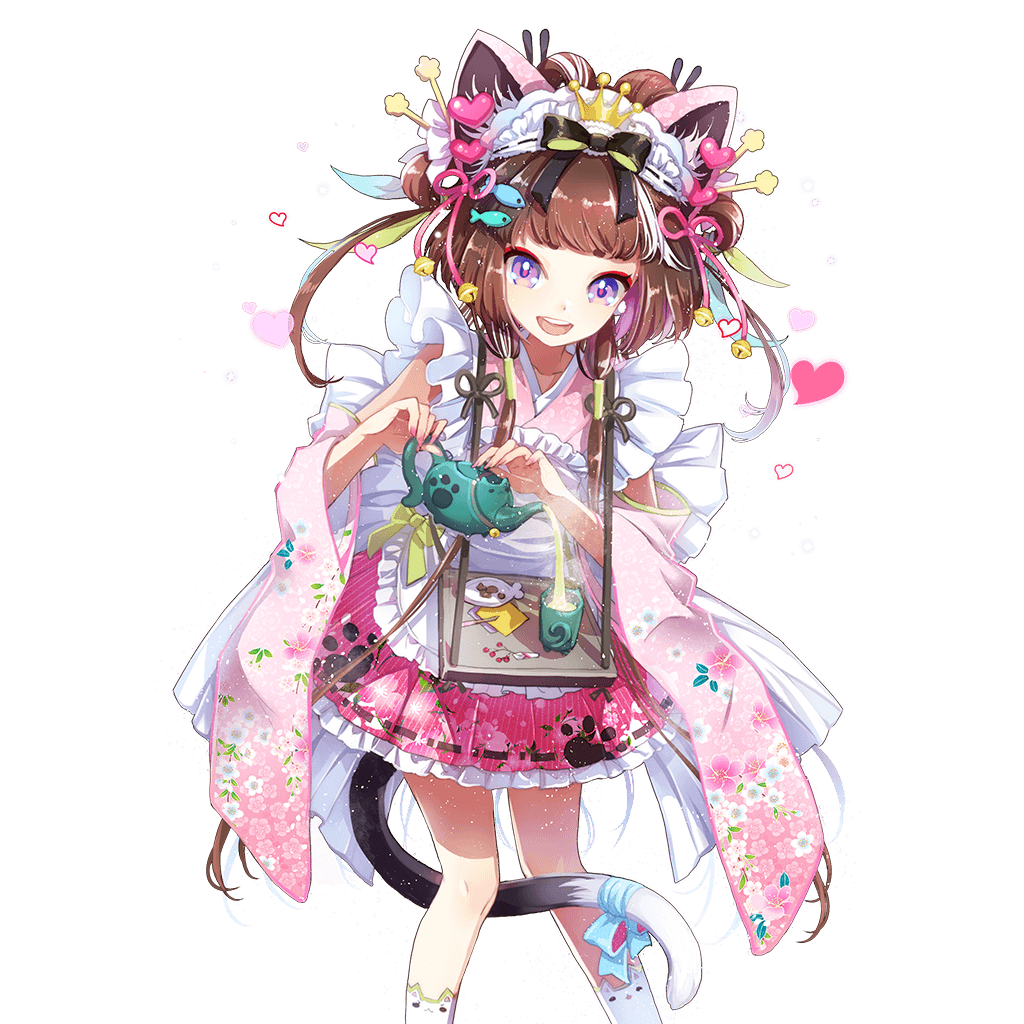 1girl animal_ears apron artist_request between_legs brown_hair cat_ears cat_tail character_request cup double_bun floral_print hair_ornament hairclip headdress heart holding long_sleeves looking_at_viewer multicolored_hair open_mouth paw_print pouring ribbon round_teeth solo streaked_hair tail tail_between_legs tail_ribbon teacup teapot teeth tray two-tone_hair uchi_no_hime-sama_ga_ichiban_kawaii violet_eyes white_hair wide_sleeves