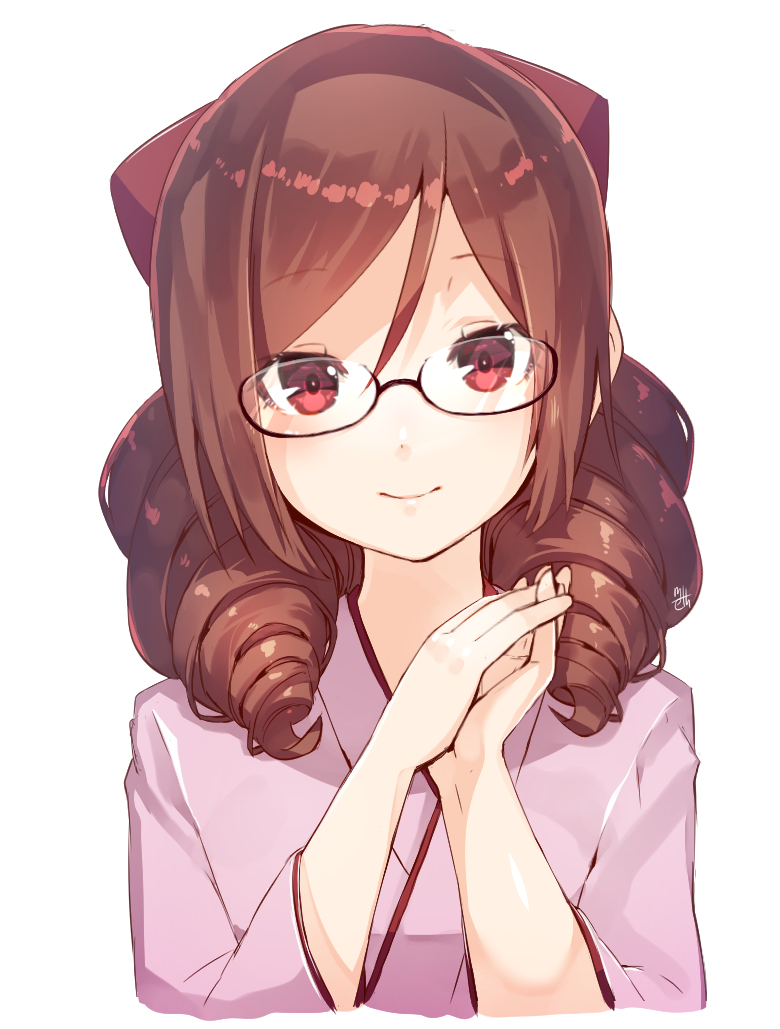1girl bangs bespectacled blush bow brown_hair commentary_request drill_hair glasses hair_bow hands_together harukaze_(kantai_collection) japanese_clothes kantai_collection kimono long_hair long_sleeves looking_at_viewer meth_(emethmeth) red_eyes semi-rimless_glasses smile solo twin_drills under-rim_glasses