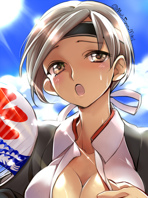 1girl :o bangs blue_sky blush breasts brown_eyes chitose_(kantai_collection) cleavage day fan grey_hair headband hot kantai_collection large_breasts long_hair looking_at_viewer low_ponytail paper_fan primary_stage sky solo summer sunlight sweat sweating twitter_username uchiwa upper_body