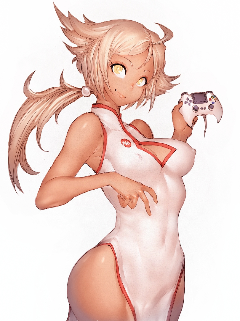 1girl blonde_hair breasts cleavage cleavage_cutout controller covered_navel dark_skin fumio_(rsqkr) game_controller gamepad hips long_hair looking_at_viewer nchallenge nchans nyachan simple_background smile solo white_background yellow_eyes