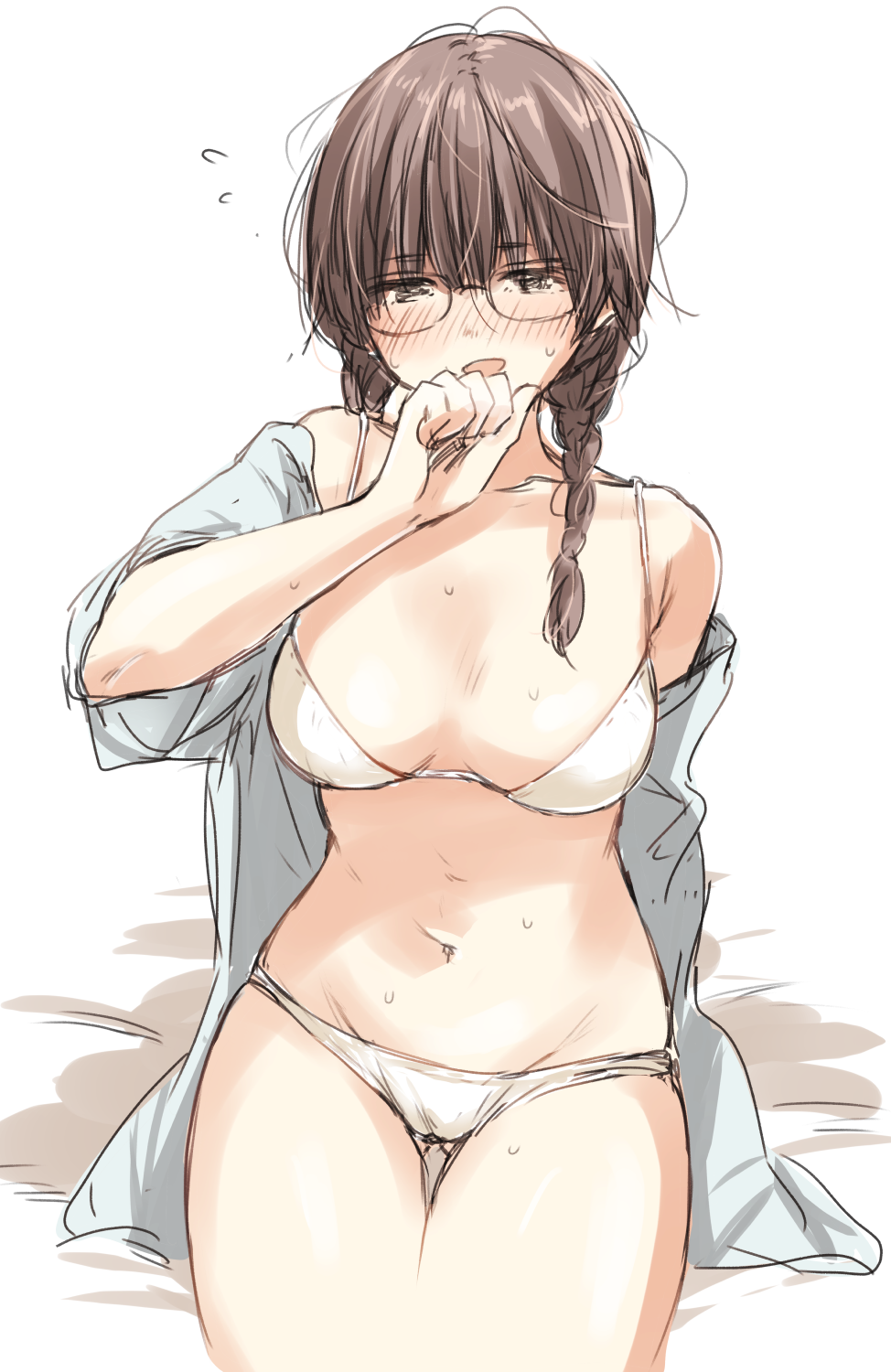 1girl arm_behind_back ass_visible_through_thighs bed_sheet blush bra braid breasts brown_eyes brown_hair flying_sweatdrops glasses hair_over_shoulder hand_to_own_mouth highres long_hair medium_breasts navel nikotamu no_pants open_clothes open_mouth open_shirt original panties shirt sitting sketch solo sweat thigh_gap twin_braids underwear undressing white_bra white_panties