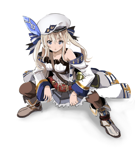 1girl between_breasts blonde_hair blue_eyes bow breasts character_request commentary_request granblue_fantasy hair_between_eyes hair_bow hat kukuru_(granblue_fantasy) long_hair long_sleeves looking_at_viewer lowres medium_breasts off_shoulder okuba shoes simple_background solo tagme white_background yankee