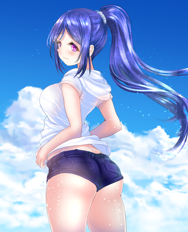 1girl ass blue blue_hair blush breasts clouds cloudy_sky commentary_request cowboy_shot day gorua_(youce01) hair_ornament hair_scrunchie high_ponytail hood hoodie long_hair looking_back love_live! love_live!_sunshine!! matsuura_kanan outdoors ponytail revision scrunchie short_shorts short_sleeves shorts sky solo violet_eyes