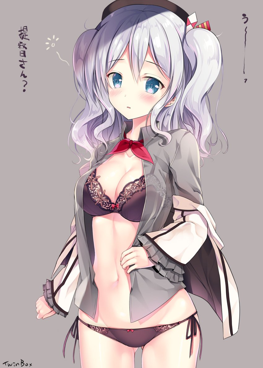 1girl beret black_bra black_panties blue_eyes blush bra breasts cleavage collarbone commentary_request frilled_sleeves frills hat jacket kantai_collection kashima_(kantai_collection) kerchief lace lace-trimmed_bra lace-trimmed_panties large_breasts looking_at_viewer military military_uniform navel open_clothes open_shirt panties shirt side-tie_panties sidelocks silver_hair solo sousouman translation_request tsurime twintails underwear undressing uniform wavy_hair