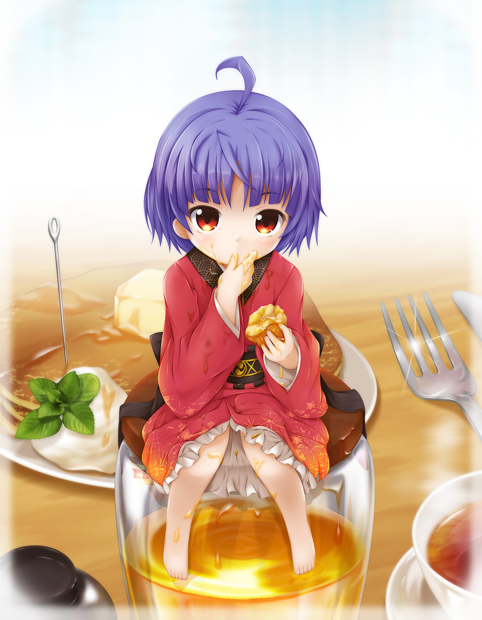 1girl ahoge bangs barefoot blue_hair blunt_bangs butter cup dirty drinking_glass finger_licking fork frilled_kimono frills fukaiton highres japanese_clothes kimono knife licking long_sleeves looking_at_viewer messy minigirl needle obi pancake plate red_eyes red_kimono sash short_hair solo sparkle sukuna_shinmyoumaru syrup teacup touhou