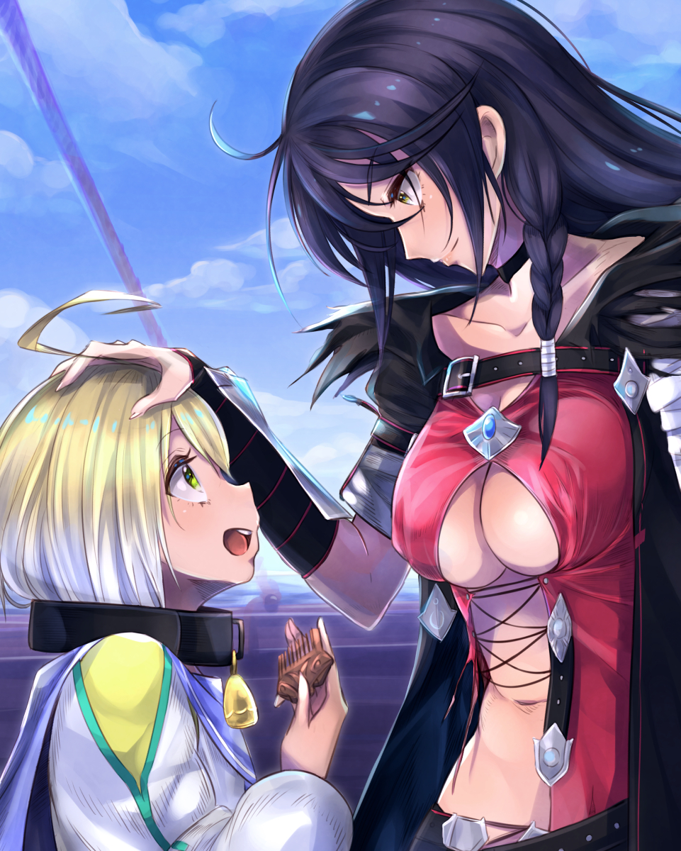 1boy 1girl :d black_hair blonde_hair breasts choker claws clouds collar comb covered_nipples green_eyes hand_on_another's_head hand_on_head highres laphicet_(tales) long_hair looking_at_another multiple_girls navel open_mouth revision ship sky smile tales_of_(series) tales_of_berseria tatsuya_ishikawa under_boob velvet_crowe water watercraft yellow_eyes