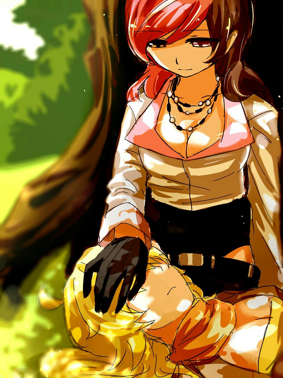 blonde_hair breasts brown_eyes brown_hair cleavage gloves hand_over_another's_eyes heterochromia highres lap_pillow long_hair multicolored_hair neo_(rwby) pink_eyes pink_hair rwby sketch tl tree under_tree yang_xiao_long
