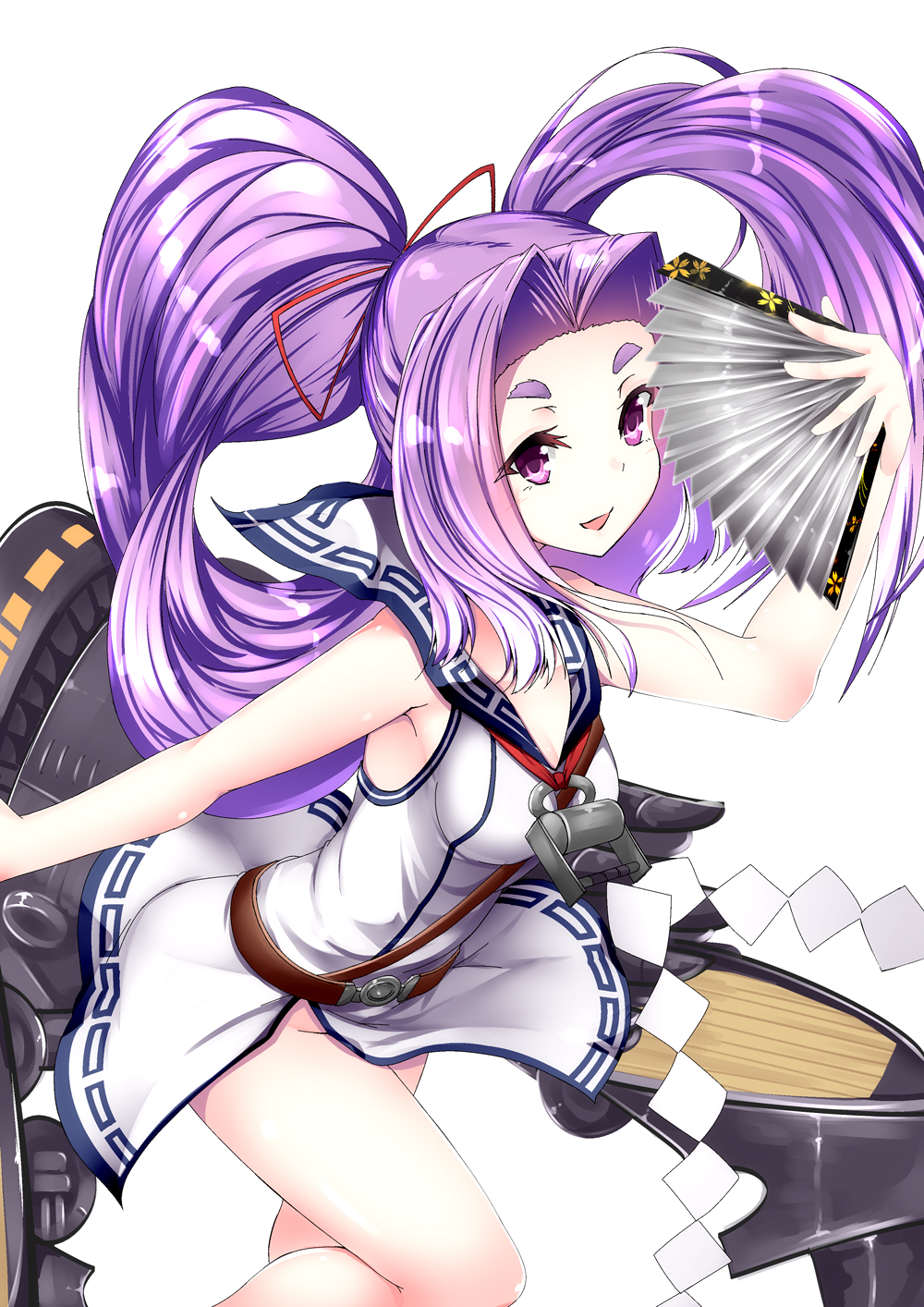 1girl breasts cleavage dress fan folding_fan hair_ribbon hatsuharu_(kantai_collection) highres hikimayu holding_fan inu3 kantai_collection long_hair machinery open_mouth ponytail purple_hair remodel_(kantai_collection) ribbon sailor_dress shide simple_background smile solo very_long_hair violet_eyes white_background