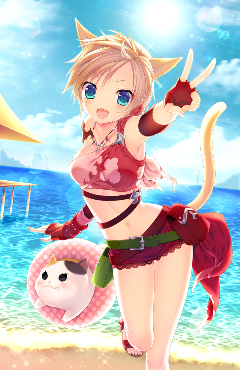&gt;:d 1girl :d animal_ears beach belt blonde_hair blue_eyes blush breasts cat_ears cat_tail clouds contrapposto dock dutch_angle fang final_fantasy final_fantasy_xiv fingerless_gloves gloves head_tilt highres innertube leg_up lens_flare medium_breasts minatsuki_alumi miqo'te navel open_mouth outstretched_arm red_gloves sandals short_hair sky smile sparkle tail v water