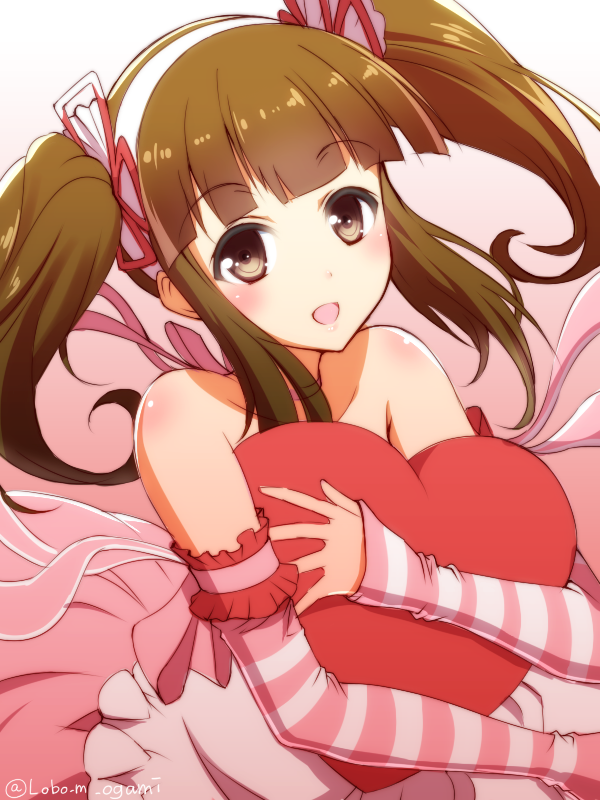 1girl brown_eyes brown_hair character_request detached_sleeves eyebrows eyebrows_visible_through_hair hair_ribbon heart heart_pillow long_hair looking_at_viewer neck_ribbon ookami_maito open_mouth pillow pillow_hug pink_ribbon red_ribbon ribbon solo striped_sleeves twintails
