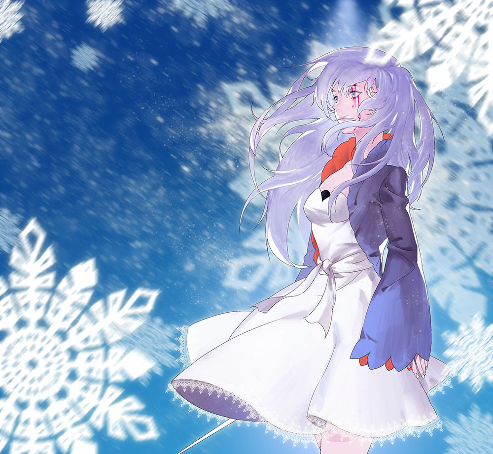 1girl blood blood_on_face blue_eyes dress gloria_(84568750) long_hair long_sleeves rwby sleeves_past_wrists snow snowflakes solo weiss_schnee white_hair