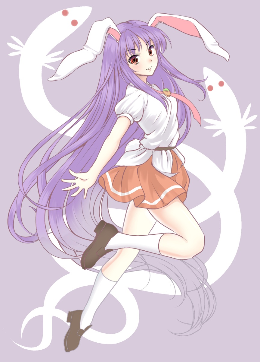 1girl absurdly_long_hair animal_ears brown_shoes closed_mouth commentary_request full_body highres kune-kune long_hair looking_at_viewer looking_to_the_side necktie purple_hair rabbit_ears red_eyes red_skirt reisen_udongein_inaba shoes skirt smile solo touhou urban_legend_in_limbo usagi_koushaku very_long_hair white_legwear