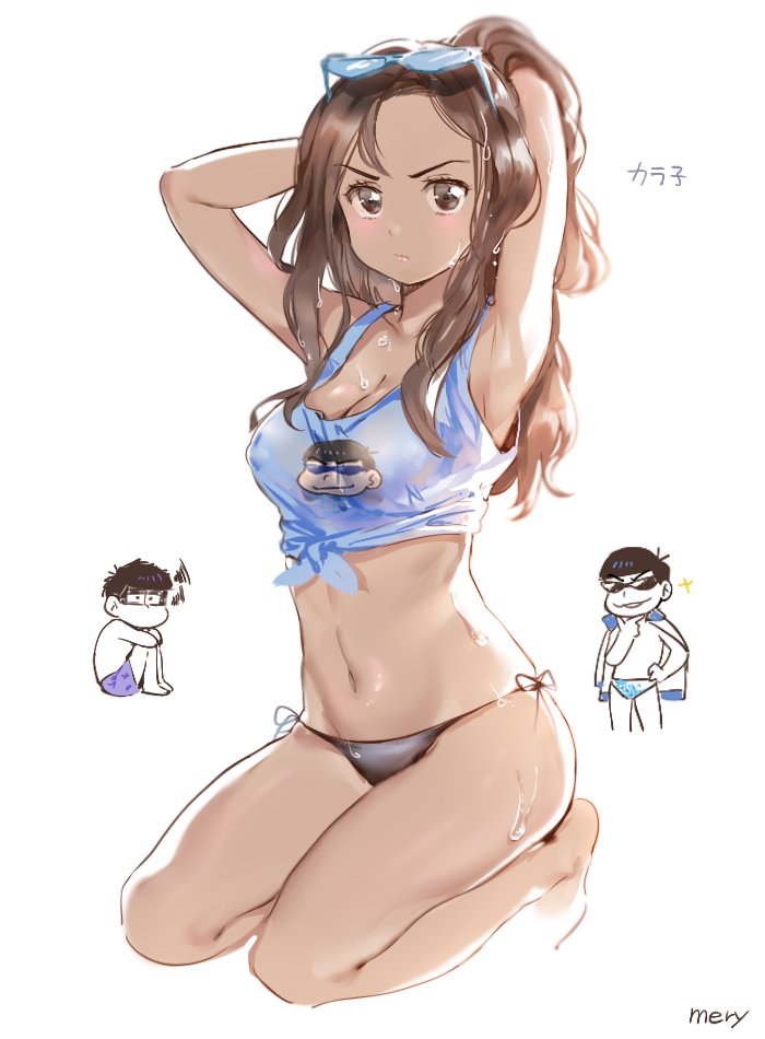 &gt;:/ 1girl 2boys artist_name barefoot bikini black_bikini_bottom black_hair blush breasts brown_eyes brown_hair character_print cleavage closed_mouth covered_nipples crop_top dark_skin full_body hand_on_hip jacket_on_shoulders karako_(osomatsu-san) long_hair looking_at_another male_swimwear matsuno_ichimatsu matsuno_karamatsu medium_breasts mery_(apfl0515) multiple_boys navel osomatsu-kun osomatsu-san shirt short_hair side-tie_bikini sitting smirk sparkle sunglasses sunglasses_on_head swim_trunks swimsuit swimwear tied_shirt