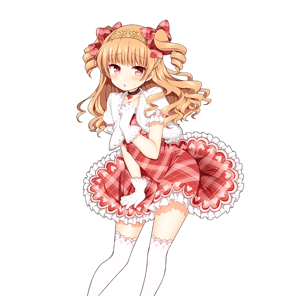 1girl :o artist_request character_request dress gloves heart_choker long_hair looking_at_viewer official_art orange_hair plaid plaid_dress red_eyes short_sleeves skirt skirt_tug solo thigh-highs transparent_background two_side_up uchi_no_hime-sama_ga_ichiban_kawaii white_gloves white_legwear