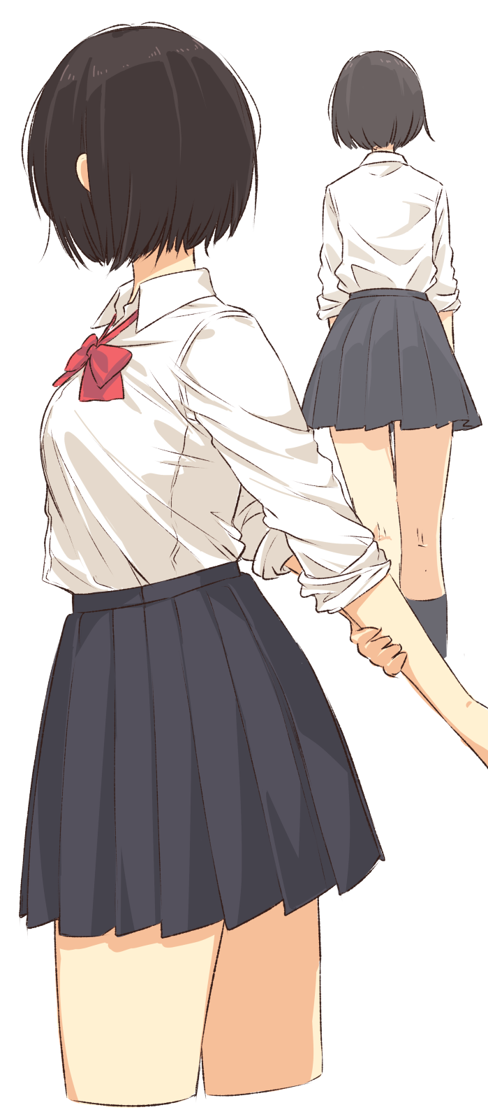 1girl arm_grab arms_behind_back black_hair bow bowtie collared_shirt cropped_legs from_behind from_side highres long_sleeves looking_to_the_side multiple_views nikotamu original pleated_skirt school_uniform shirt short_hair skirt sleeves_pushed_up white_background