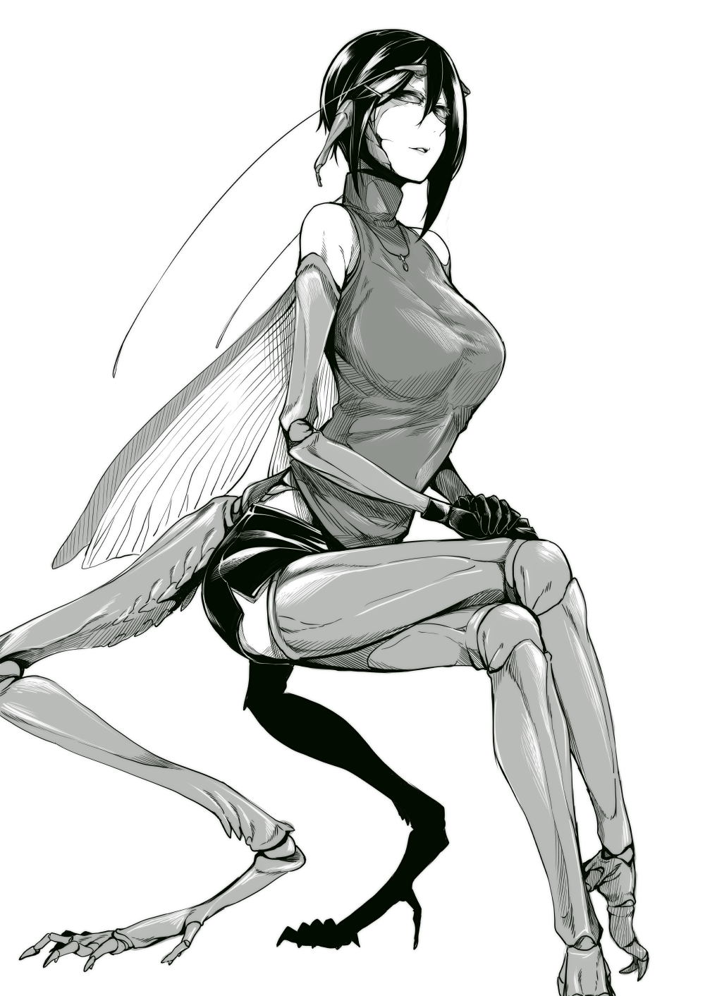 1girl antennae breasts carapace crossed_legs gloves greyscale highres insect_girl insect_wings jewelry large_breasts looking_at_viewer miniskirt monochrome monster_girl multiple_legs necklace original parted_lips regura short_hair sitting skirt sleeveless sweater turtleneck wings