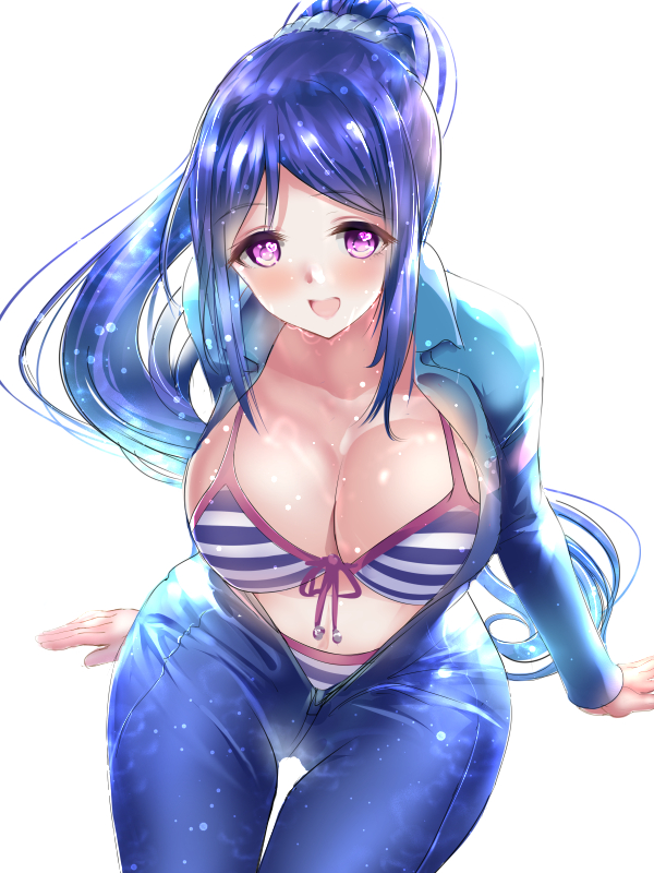 1girl :d bikini blue_hair blush breasts gorua_(youce01) large_breasts long_hair looking_at_viewer love_live! love_live!_sunshine!! matsuura_kanan open_mouth ponytail revision simple_background smile solo striped striped_bikini swimsuit violet_eyes wetsuit
