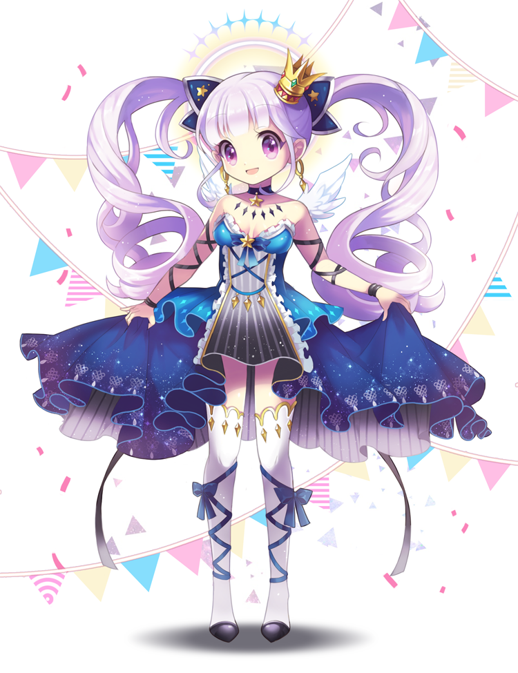1girl :d blue_bow blue_dress boots bow choker confetti crown dress dress_lift earrings full_body jewelry lavender_hair leg_ribbon lm long_hair looking_at_viewer mini_crown open_mouth original pennant pocketland ribbon smile solo standing string_of_flags striped thigh-highs thigh_boots twintails vertical-striped_dress vertical_stripes violet_eyes white_boots white_wings wings