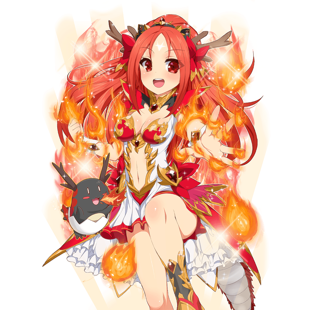 1girl breasts breathing_fire character_request cleavage creature dragon_tail facial_mark fire forehead_mark kusaka_souji leg_lift long_hair looking_at_viewer navel navel_cutout official_art open_mouth outstretched_arm outstretched_hand red_eyes redhead round_teeth solo tail teeth transparent_background uchi_no_hime-sama_ga_ichiban_kawaii