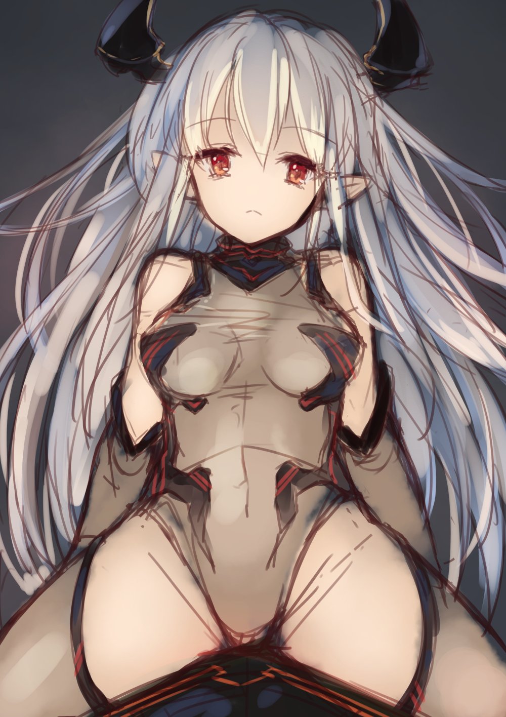 1girl :&lt; arms_behind_back bangs bare_shoulders borrowed_character breasts brown_legwear closed_mouth colo_mag-chan colossus_(granblue_fantasy) covered_navel doraf granblue_fantasy hair_between_eyes highres horns leotard long_hair looking_at_viewer medium_breasts original otogi_kyouka pointy_ears red_eyes riding sketch solo spread_legs thigh-highs white_hair