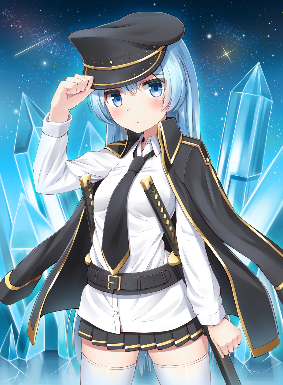1girl belt black_legwear blue_eyes blue_hair blush breasts buttons crystal hat highres holding holding_hat katana long_hair long_sleeves looking_at_viewer loose_necktie medium_breasts military military_hat military_jacket military_uniform necktie original pleated_skirt salute shirt skirt solo standing star starry_background superpig_(wlstjqdla) sword thigh-highs unbuttoned unbuttoned_shirt uniform very_long_hair weapon white_shirt zettai_ryouiki