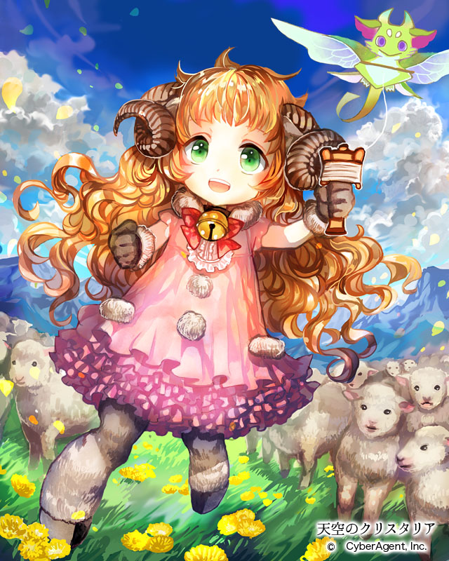 1girl bell blue_sky brown_hair child clenched_hands clouds dress fantasy flower green_eyes horns jingle_bell kite looking_at_viewer monster_girl official_art original outdoors pink_dress rioka_(southern_blue_sky) sheep sheep_girl sheep_horns sky solo standing tenkuu_no_crystalia