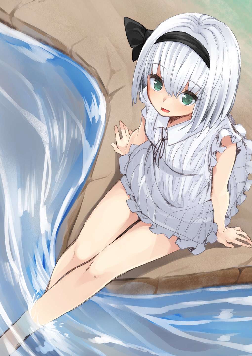 1girl :d alternate_costume arm_support bare_legs barefoot black_ribbon breasts dress from_above green_eyes hair_ribbon hairband highres konpaku_youmu looking_at_viewer looking_up neck_ribbon nigo_(aozoragarou) open_mouth partially_submerged ribbon short_hair silver_hair sitting sleeveless sleeveless_dress small_breasts smile soaking_feet solo stream touhou water white_dress