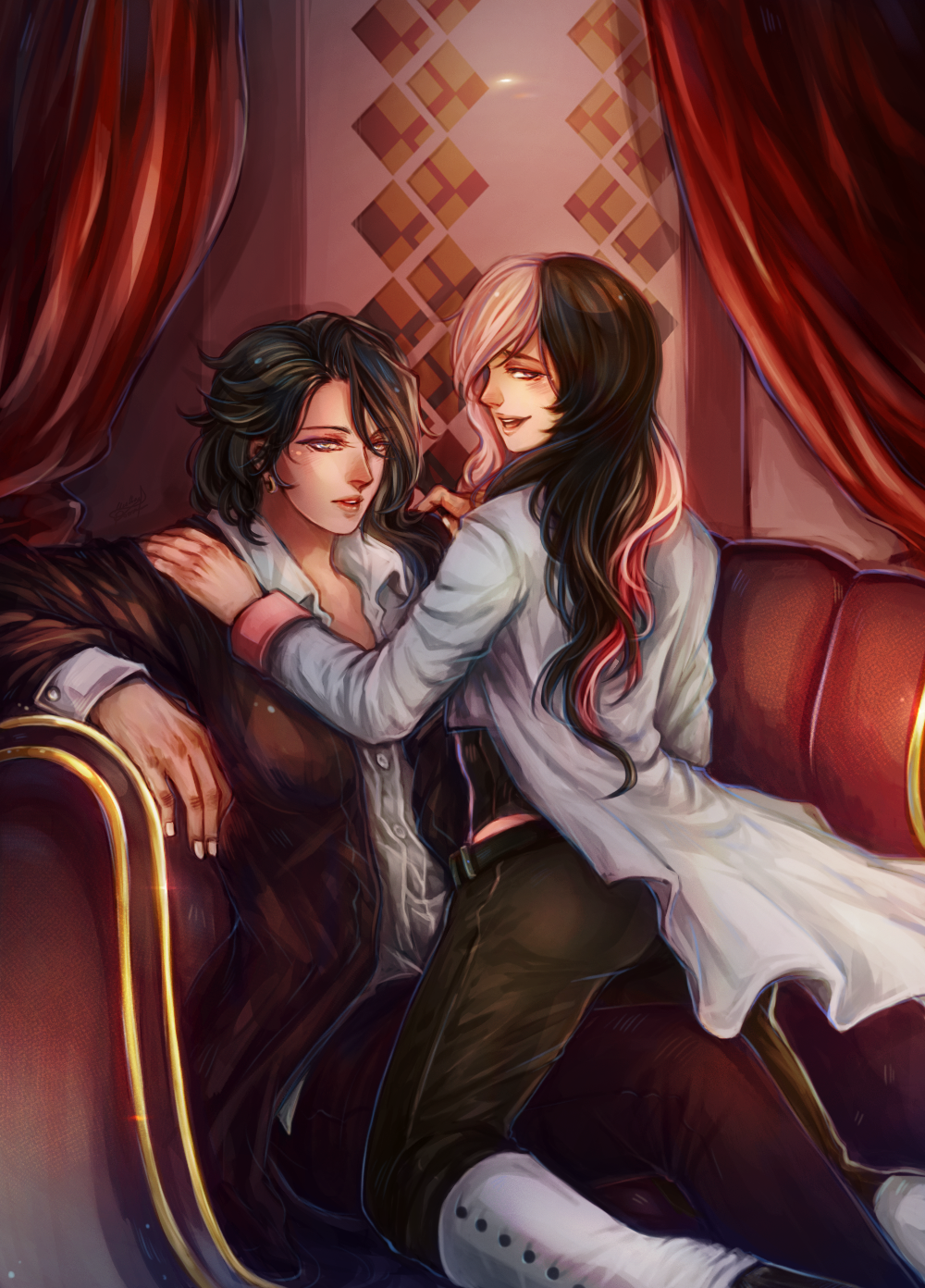 2girls black_hair blush cinder_fall curtains highres looking_at_viewer multicolored_hair multiple_girls mummeemeemama neo_(rwby) pants partially_unbuttoned rwby straddling tight tight_pants yuri
