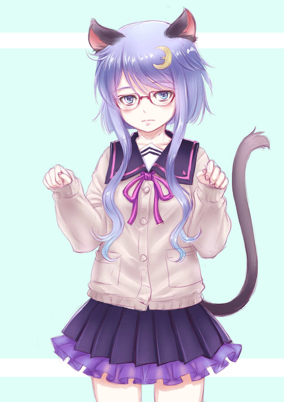 1girl adapted_costume animal_ears blush cardigan cat_ears cat_tail crescent crescent_hair_ornament glasses_day hair_ornament highres kantai_collection kosai_takayuki looking_at_viewer paw_pose pleated_skirt purple_hair ribbon sailor_collar school_uniform serafuku short_hair short_hair_with_long_locks simple_background skirt solo tail yayoi_(kantai_collection)
