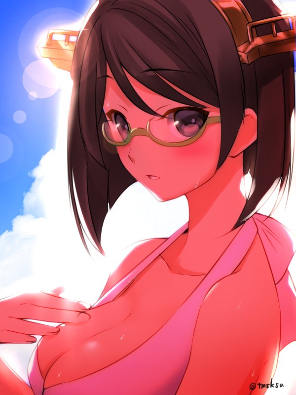 1girl alternate_costume arm_at_side backlighting bikini black_hair blush breasts cleavage clouds cloudy_sky day eyebrows eyebrows_visible_through_hair from_side glasses hairband halter_top halterneck hand_on_own_chest hot kantai_collection kirishima_(kantai_collection) large_breasts light looking_at_viewer open_mouth outdoors parted_lips semi-rimless_glasses short_hair sky sunlight sweat swimsuit tmsksa twitter_username white_bikini