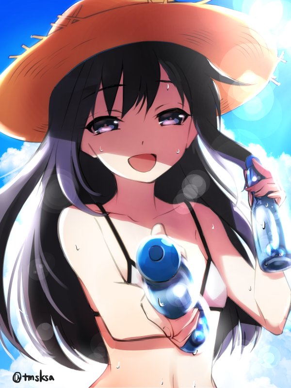 1girl alternate_costume asashio_(kantai_collection) bare_shoulders black_hair blue_eyes bottle breasts clouds cloudy_sky day hair_between_eyes hat kantai_collection long_hair looking_at_viewer open_mouth outdoors reaching_out sky small_breasts straw_hat sun_hat sunlight sweat tmsksa twitter_username upper_body water water_bottle
